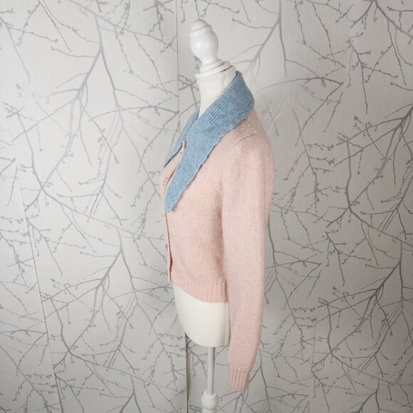 Zara Pastel Pink Contrast Collar Cropped Cardigan w/ Jewel Buttons - Picture 3 of 6